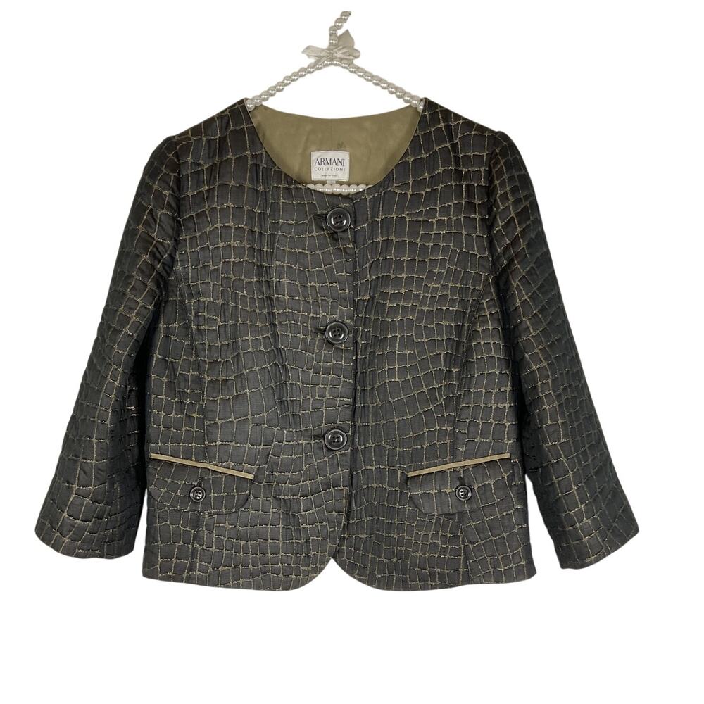 Armani Coeectioni Vintage Cropped Quilted Alligator Print/Gold Thread Jacket 10